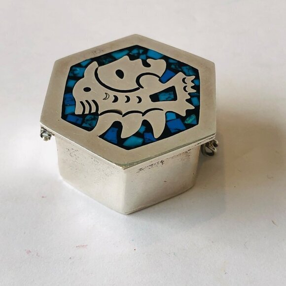 Mexico Native Sterling Pill Snuff Box Mosaic Turquoise Chips Collectible Artisan - Picture 5 of 10